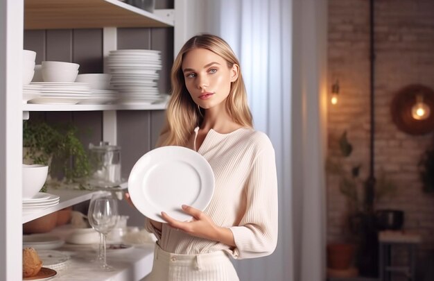 Una giovane donna sta pulendo la cucina a casa mettendo le cose in ordine