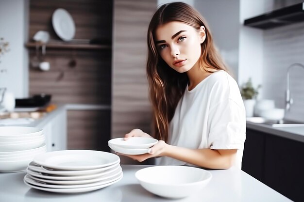 Una giovane donna sta pulendo la cucina a casa mettendo le cose in ordine