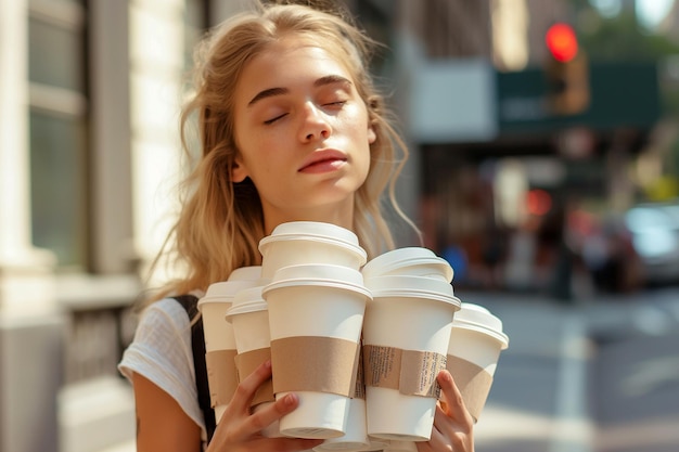 Una giovane donna stanca e addormentata con il caffè una studentessa sonnolenta ed esausta con un sacco di tazze di caffè da asporto che cammina per strada con gli occhi chiusi ha bisogno di più caffè che si addormenta odio i lunedì