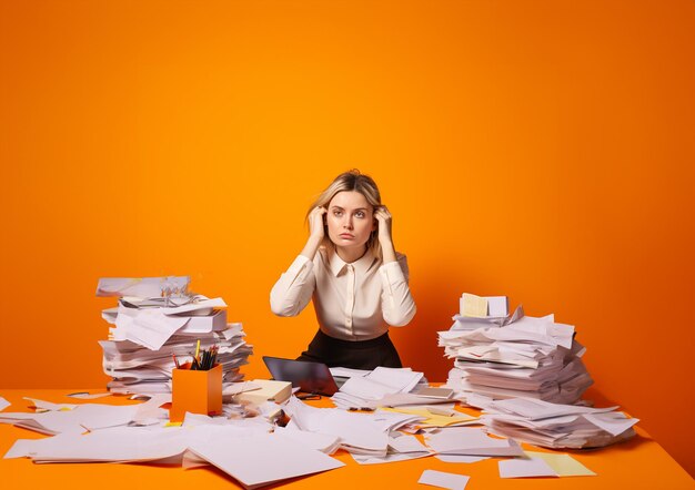 Una giovane donna stanca e triste seduta su una pila di documenti Molti compiti duro lavoro e stanchezza Ufficio i