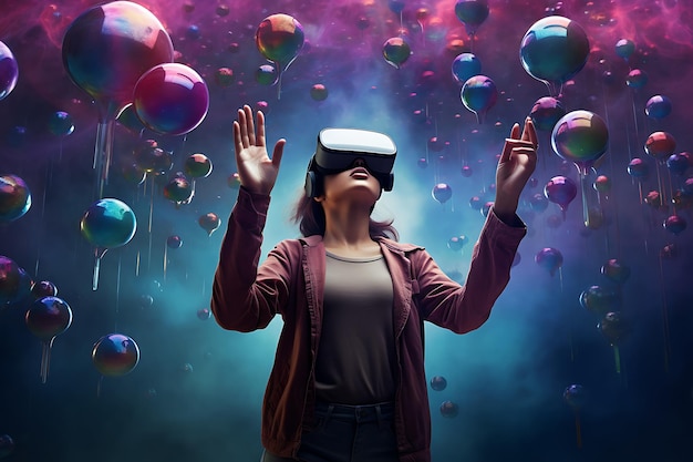 una giovane donna tiene in mano occhiali per realtà virtuale con sopra un gioco di realtà virtuale