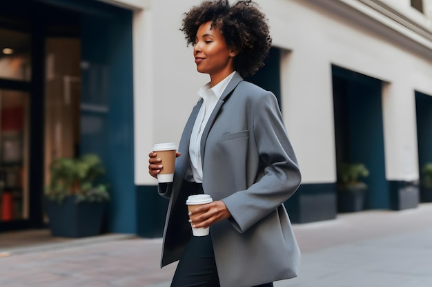 Una giovane donna tiene in mano un bicchiere di caffè usa e getta artigianale rete neurale ai generata