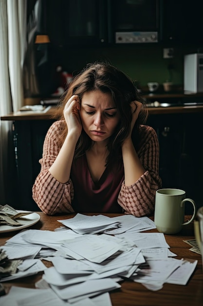 Una giovane donna tiene la testa si sente depressa con una pila di banconote Serio problema finanziario per il concetto di millennials