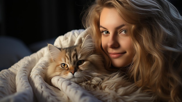 Una giovane donna tiene un gatto tra le braccia la donna sorride al gatto