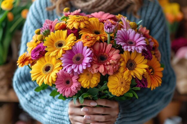 Una giovane donna tiene un grande bouquet di fiori colorati