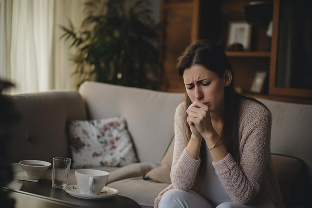 Una giovane donna triste che pensa mentre è seduta sul divano.