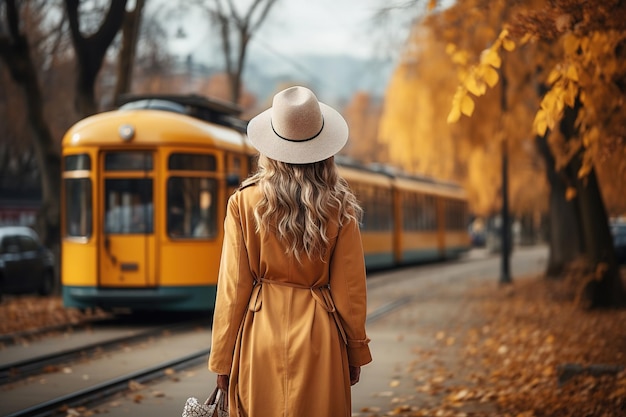 Una giovane donna vestita di giallo in un parco autunnale guarda tristemente un tram che si allontana da lei Il concetto di separazione dell'essere soli Generazione AI