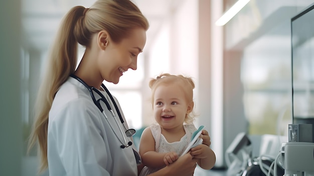 Una giovane dottoressa tiene in braccio una bambina Una visita da un pediatra dell'ospedale trattato con la tecnologia dell'IA generativa