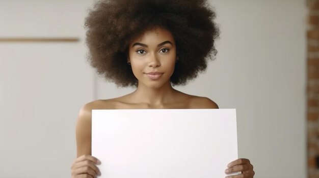 Una giovane e bella donna afroamericana che tiene un segno in bianco AI generativa