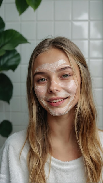 Una giovane e bella donna caucasica felice si prende cura della sua pelle del viso.