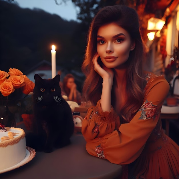 Una giovane e bella donna con un bellissimo abito da notte siede accanto a un gatto nel ristorante esterno
