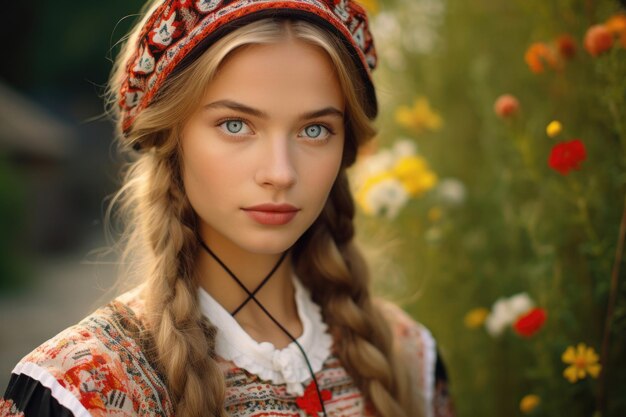Una giovane e bella donna olandese in costume nazionale.