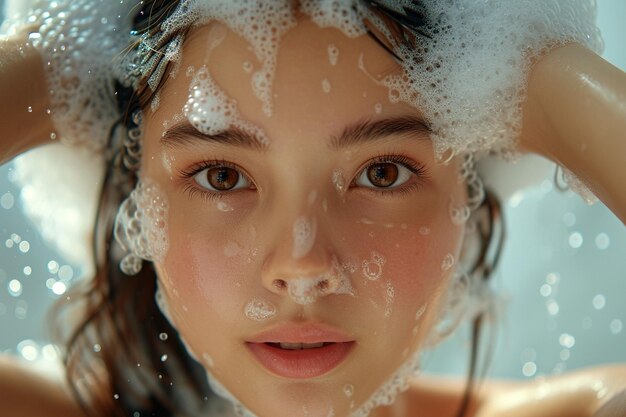 Una giovane e bella donna si sta lavando i capelli con lo shampoo.