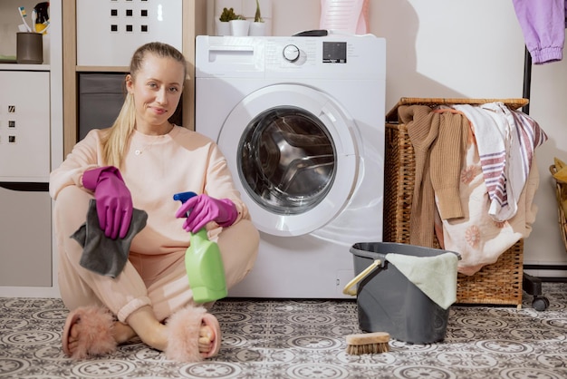 Una giovane e bella donna siede alla lavatrice vestita con abiti fatti in casa tenendo in mano un panno e un liquido di lavaggio guanti di gomma per la pulizia della casa