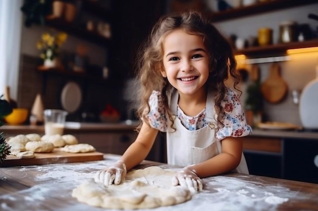 Una giovane e bella madre insegna alla figlia a preparare l'impasto in cucina