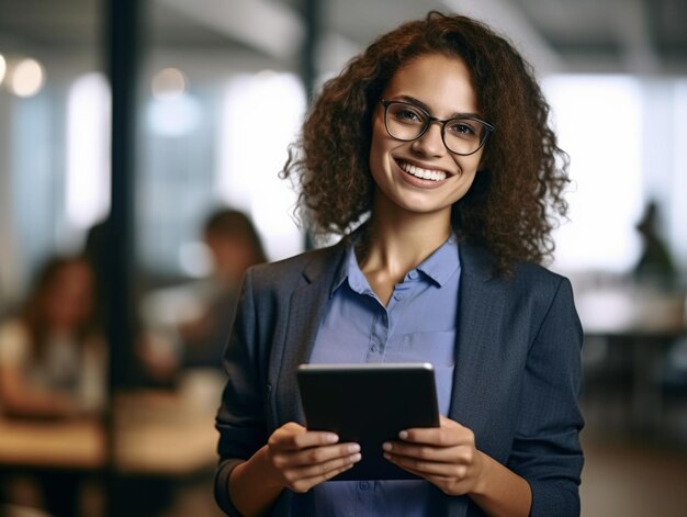 Una giovane e gioiosa professionista femminile che lavora come dipendente o manager in un contesto aziendale