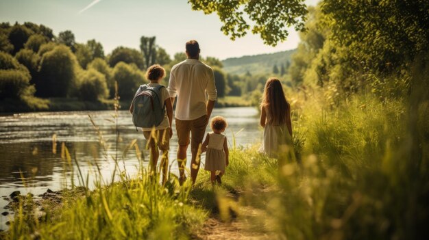 una giovane famiglia all'aperto in riva al fiume con due bambini piccoli