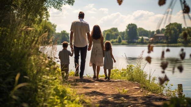 una giovane famiglia all'aperto in riva al fiume con due bambini piccoli