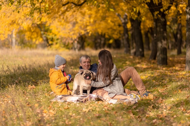 Una giovane famiglia con un bambino piccolo e un cane trascorre del tempo insieme per una passeggiata nel parco autunnale