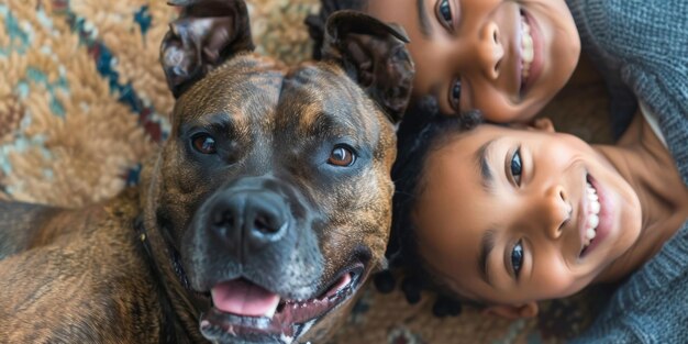 Una giovane famiglia felice che gioca con un cane sul pavimento a casa