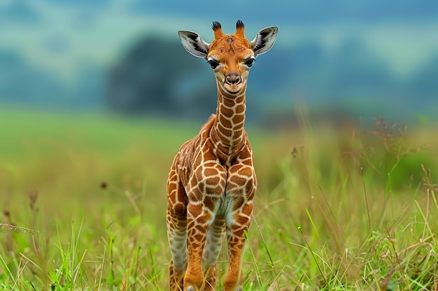 Una giovane giraffa in piedi tra lussureggianti praterie della savana con uno sfondo blu vibrante