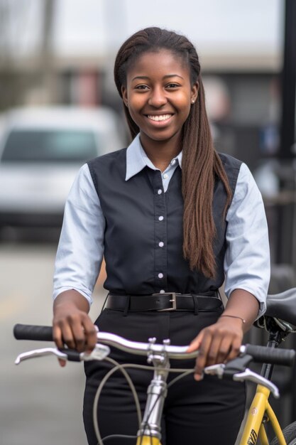 una giovane impiegata sorridente in piedi fuori con la sua bicicletta creata con l'intelligenza artificiale generativa