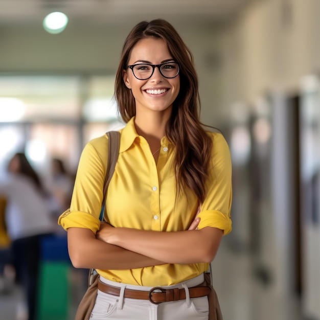 Una giovane insegnante femminile sorridente con le mani in tasca occhiali camicia bianca pantaloni gialli amichevole