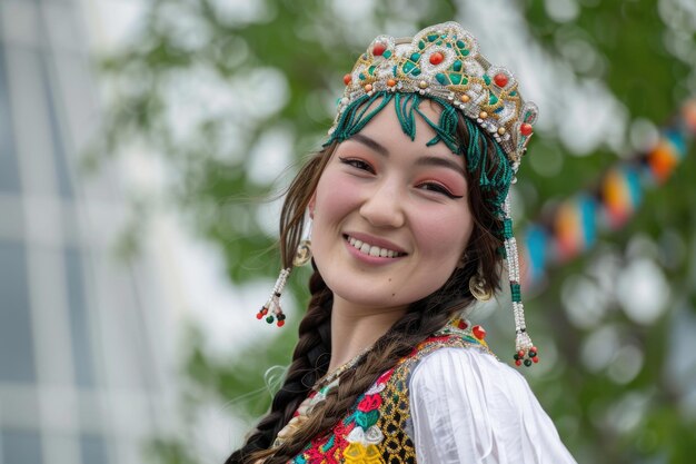 Una giovane kazaka gioiosa e bella vestita con abiti tradizionali che celebra il Nowruz