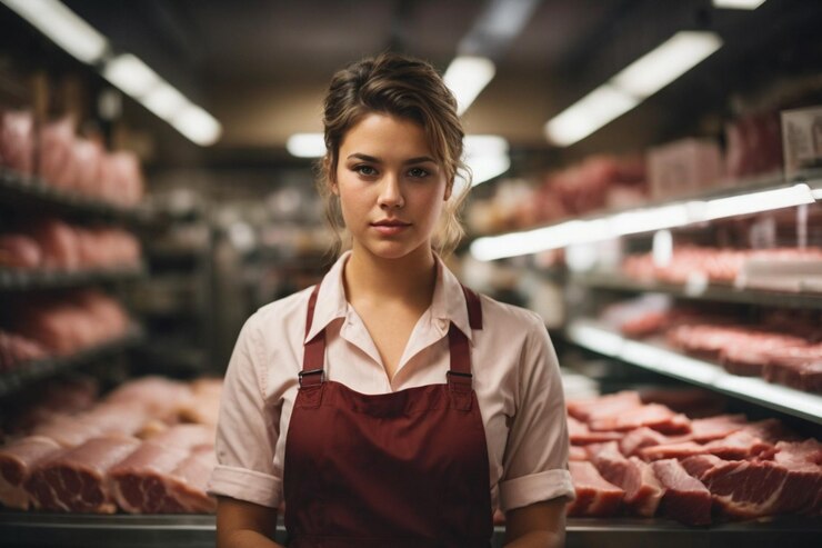 Una giovane lavoratrice in uniforme di lavoro si trova in un negozio di carne