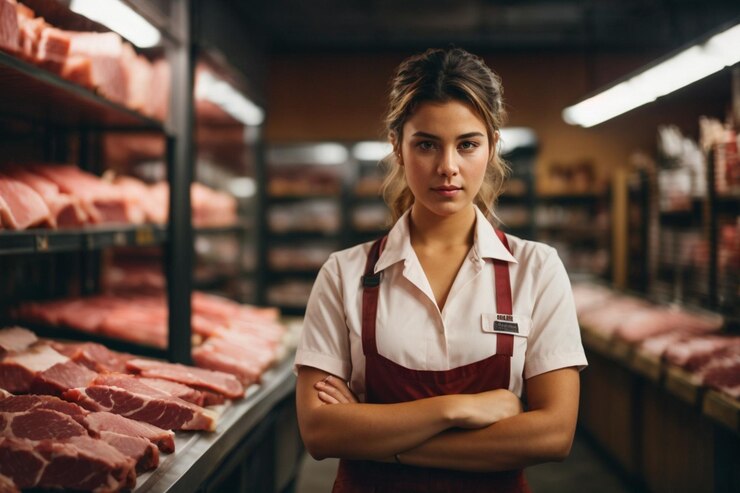 Una giovane lavoratrice in uniforme di lavoro si trova in un negozio di carne