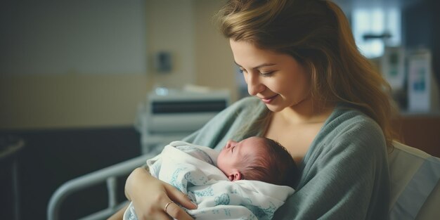 Una giovane madre abbraccia il suo neonato dopo il parto la donna sta partorendo I primi momenti di vita di un bambino dopo il parto