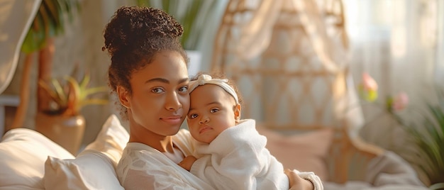 Una giovane madre afroamericana sta allattando suo figlio nella sua camera da letto