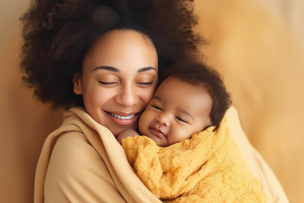 Una giovane madre bella e amorevole abbraccia il suo adorabile bambino avvolto in una coperta Madre esprime amore al bambino piccolo
