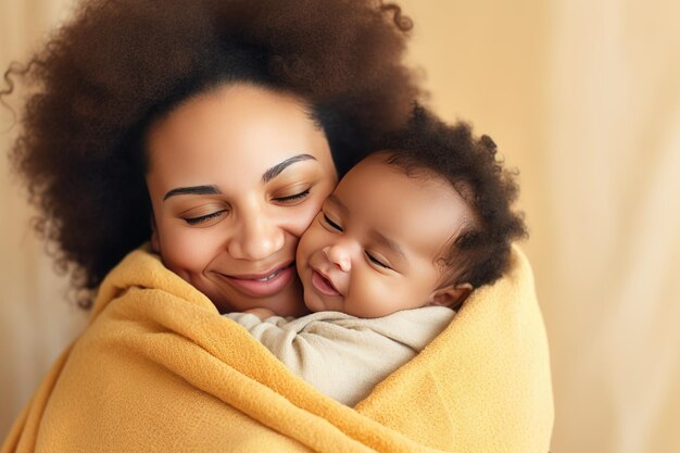 Una giovane madre bella e amorevole abbraccia il suo adorabile bambino avvolto in una coperta Madre esprime amore al bambino piccolo
