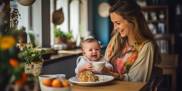 Una giovane madre che fa colazione con il suo bambino a casa sorridendo e catturando un momento familiare con l'intelligenza artificiale della scena mattutina