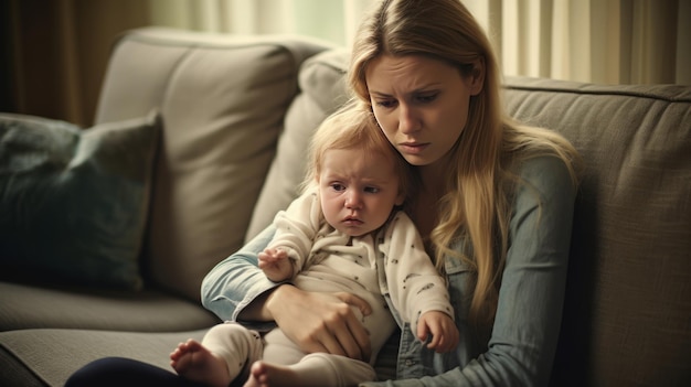 Una giovane madre è seduta su un divano con in braccio il suo bambino che piange, il viso è segnato dalla preoccupazione