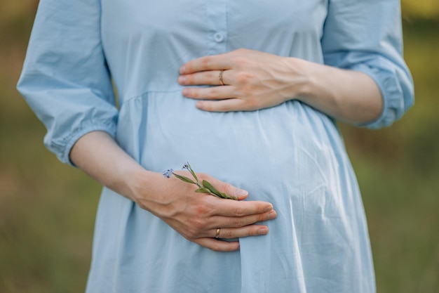 Una giovane madre incinta tiene il suo stomaco con le mani In attesa della nascita di un bambino Giovane maternità Mani sullo stomaco