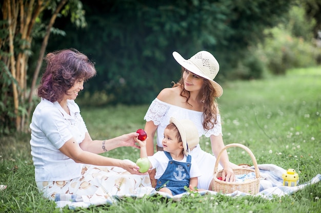 Una giovane madre, una nonna e un figlioletto stanno giocando in una radura. Picnic. Primavera. Estate. Calore. La famiglia è seduta sull'erba.