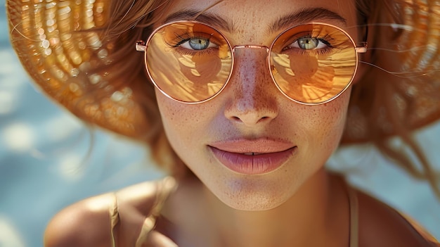 Una giovane modella di moda che indossa grandi occhiali da sole su una spiaggia che dimostra protezione solare e cura della pelle