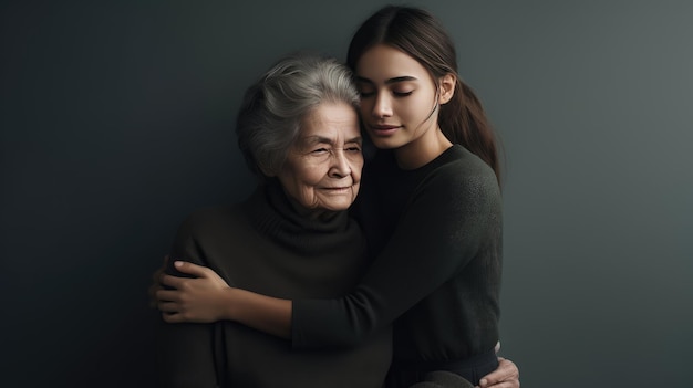 Una giovane nipote felice che abbraccia una nonna anziana creata con la tecnologia Generative Al