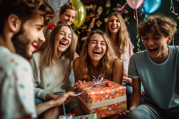 Una giovane persona sorridente riceve un regalo di compleanno generativo ai