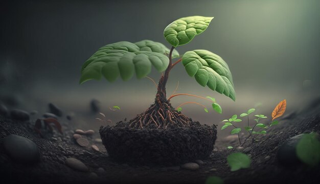 Una giovane pianta cresce da terra IA generativa