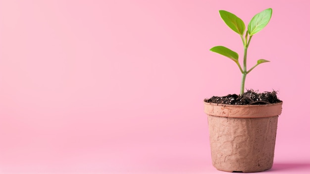 Una giovane pianta verde germoglia da un vaso biodegradabile su uno sfondo rosa morbido