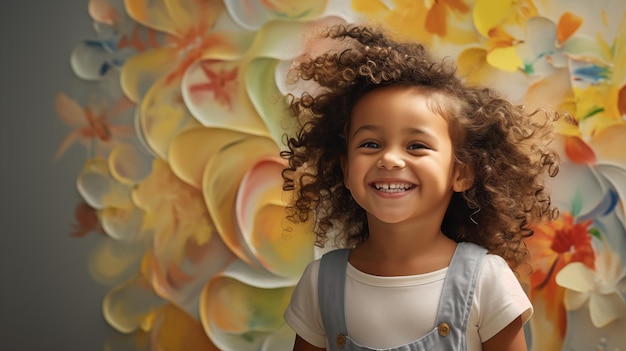 Una giovane ragazza allegra che sorride davanti a una parete di fiori colorati
