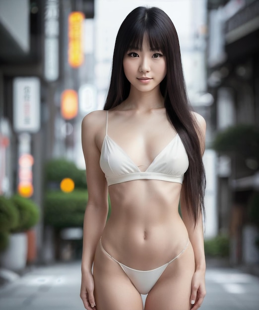 Una giovane ragazza asiatica che indossa biancheria intima sexy nello stile del corpo femminile