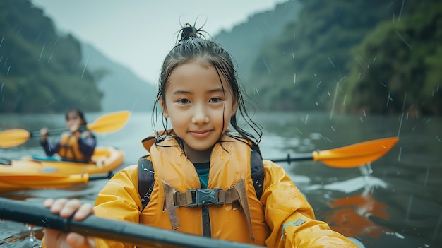 Una giovane ragazza asiatica felice che fa kayak nel fiume da sola con un grande sfondo sfocato con un grande spazio per testo o prodotto AI generativa