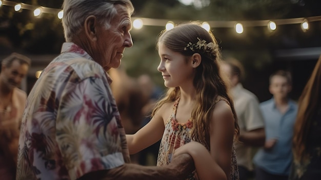 Una giovane ragazza balla con un uomo con una camicia hawaiana.