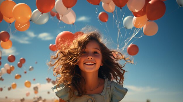 Una giovane ragazza carina che vola con il palloncino tiene il palloncino nel bel cielo azzurro