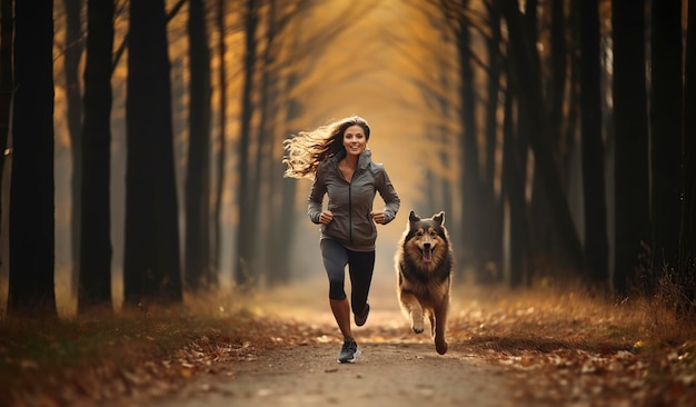 una giovane ragazza che corre con il suo cane nella foresta