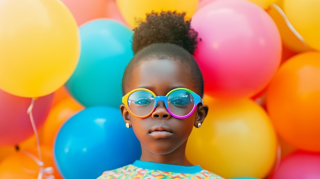 una giovane ragazza che indossa occhiali colorati con palloncini intorno a lei